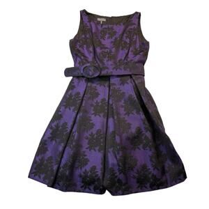 0452 Kristin Davis Purple Black Floral Jacquard Fit Flare Women's Dress